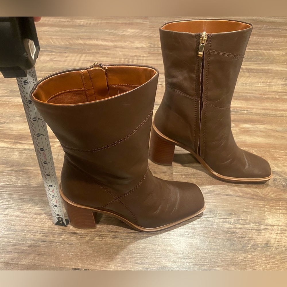 Classic Brown Leather Block Heel Mid-Calf Boots - Picture 3 of 11